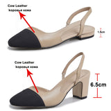 Rarove Low Heels Real Leather Slingbacks Shoes Women Square Toe Pumps Thick Heel Shoes Brand Design Lady Footwear Size 40