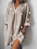 Rarove Thanksgiving Dress Women Summer Flax Loose V-Neck Printing Nine Points Sleeve Split Dresses Casual Vestidos MNY1956