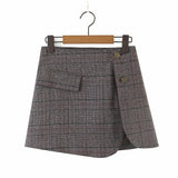 Rarove Vintage Buckle Check Plaid Short Women Blazer Cropped Irregular Cross Slit Mini Skirt Long Sleeve Suits 2 Pieces Set