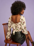 Rarove Spring Summer Print Blouse Square Collar Short Chiffon Top Women's Fashion Long Sleeves Casual Shirt