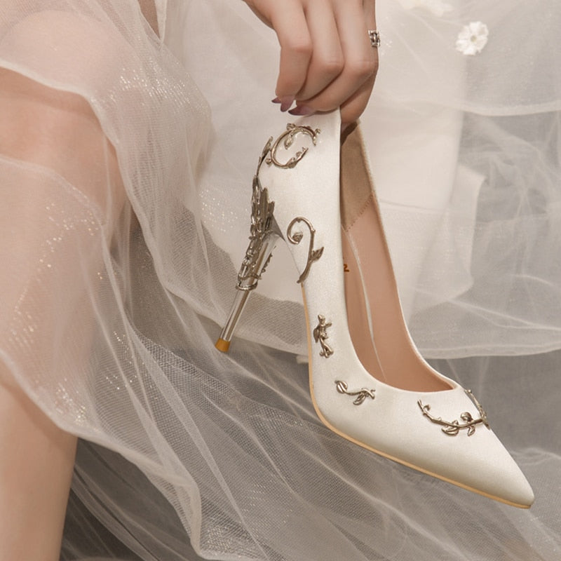 Rarove Elegant Silk Women Pumps High Heels Rhinestone Flower Wedding Shoes Brand Design Pointed Toe High Heels Shoes SWB0074