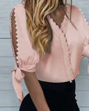 Rarove Black Friday Women's Shirts Lace V-Neck Button Solid Color Bandage Beaded Slit Half Sleeve Shirt Tops