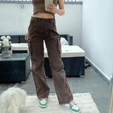 Brown Vintage Jeans Women Y2K Streetwear Pockets Cargo Pants Baggy High Waist Straight Denim Trousers Fairycore 2022