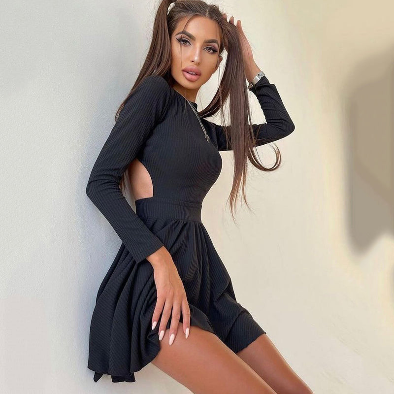 Rarove Spring Long Sleeve Solid Dress Girl A-line Pleated Skirt Prom Party Dance Clothes French Hollow Backless Dress for Women