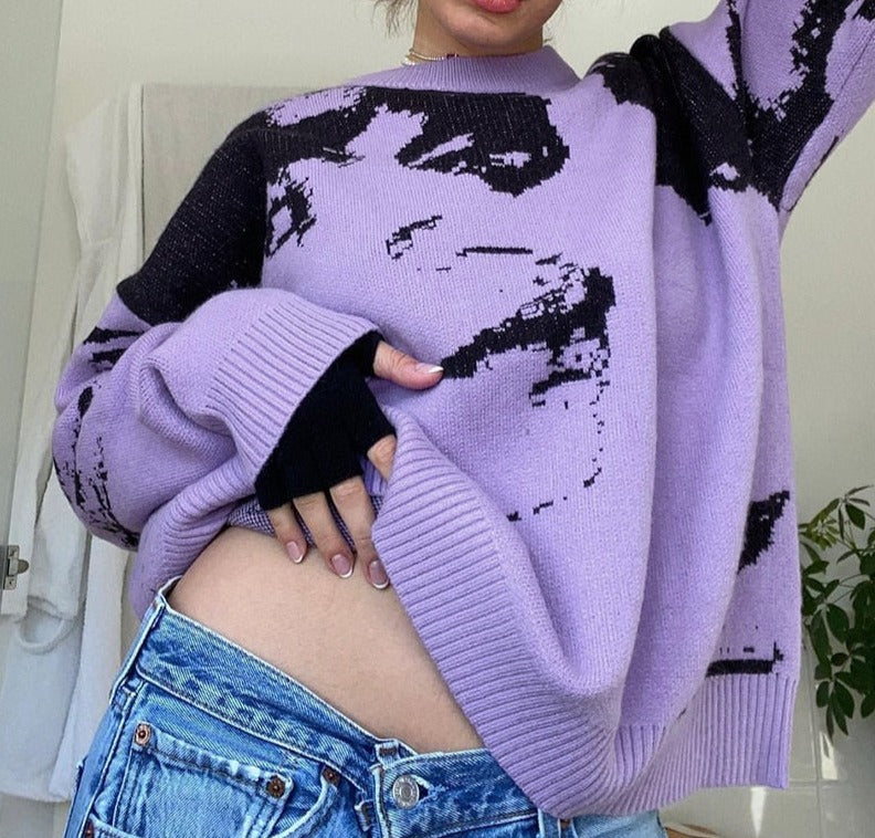 RAROVE Y2K Portrait Face Print Sweaters Oversized Long Sleeve Crewneck Gothic Grunge Pullovers Harajuku Aesthetics Tops