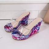 Rarove Women Wedges Slippers High Heels Platform Casual Ladies Slides Summer Retro Transparent Floral Thick-Sole Slippers Ethnic Style
