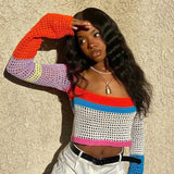 Rarove Y2K Knitted Mesh Crop Top Women Harajuki Style Colorful Patchwork Long Sleeves Square Neck T-Shirts Casual Streetwear