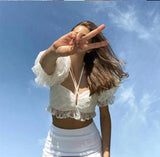 Rarove Sweet Girl Slim Crop Top Female Mesh Fabric Elegant Preppy Style Tshirt Casual Vacation Lace Top
