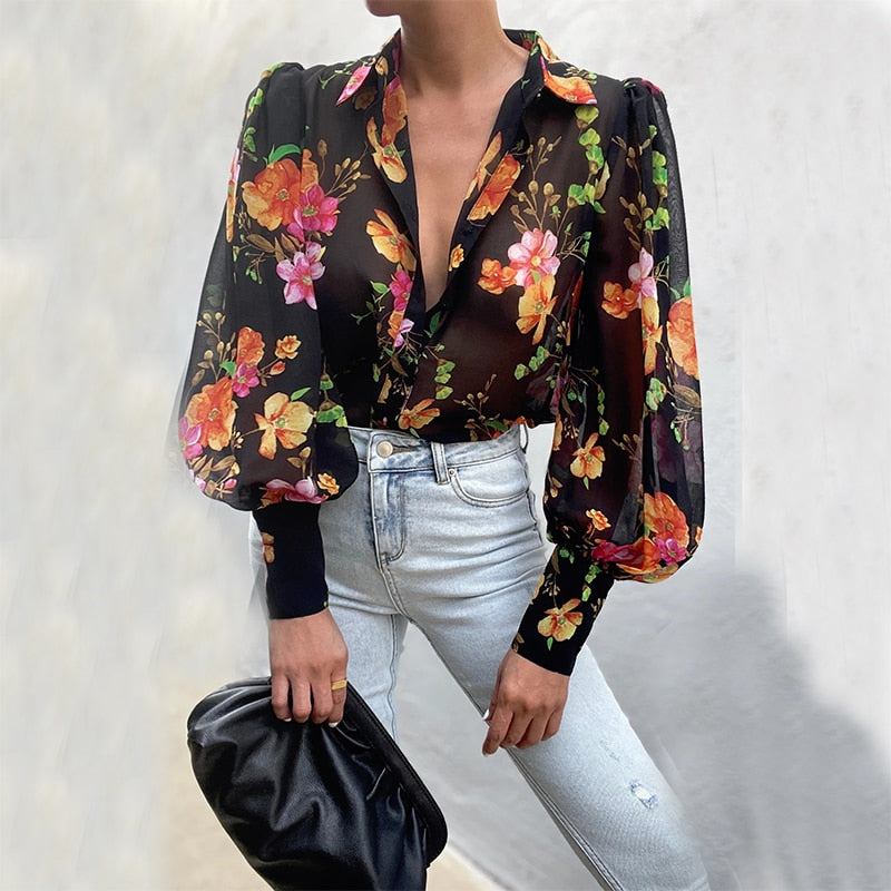 Rarove Autumn outfits 2023 Autumn Puff Sleeve Shirts Blouse Women Floral/Leopard Long Sleeve Lapel Buttons Vintage Shirts Elegant Blouses Tops Female