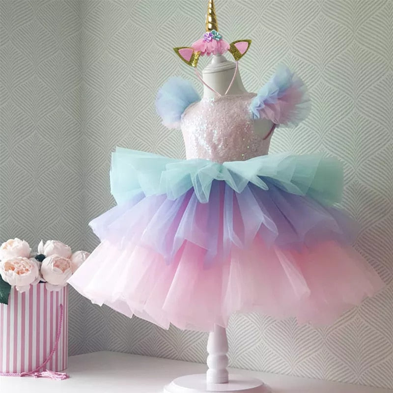 Girls Rainbow Unicorn Princess Dress Cake Layers Tutu Prom Gown For Kids Children Wedding Evening Formal Party Pageant Vestidos