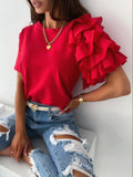 Rarove Women Summer Loose Casual T-Shirt Solid Color Short Ruffle Sleeve Round Neck Pullover Tops Khaki/ Red/Black/White