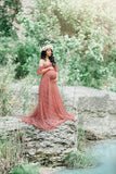 Rarove Elegant Off-The-Shoulder Maternity Dress Ruffle Sleeves High Waist Trailing Long Dress Photography Props Pregnant Woman Clothing