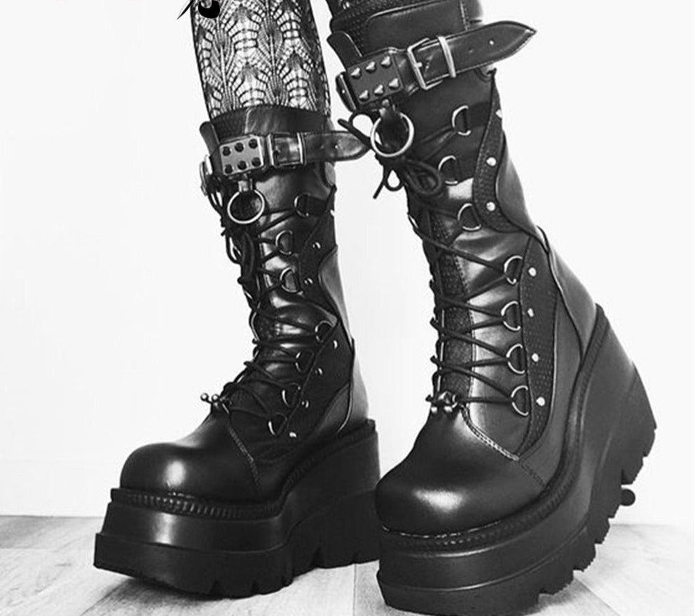 RAROVE Halloween Winter Sale Punk Halloween Witch Cosplay Platform High Wedges Heels Black Goth Chunky Boots Women Shoes Big Size 43