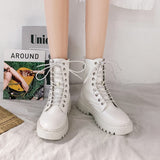 Rarove Back to school White Black PU Leather Ankle Boots Women Autumn Winter Round Toe Lace Up Shoes Woman Fashion Motorcycle Platform Botas