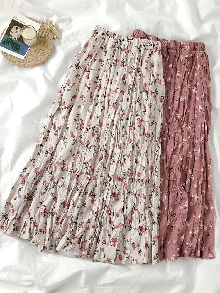 RAROVE Vintage Floral Print A-line Pleated Long Skirts Summer Women Ko ...