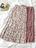 RAROVE Vintage Floral Print A-line Pleated Long Skirts Summer Women Korean Skirt Streetwear Drawstring Elastic Waist Midi Skirt
