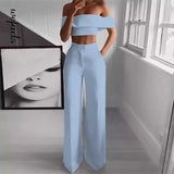 Rarove Back to school Women Two Piece Set Straight Wide Legs Pants With Pockets Sexy One Shoulder Elegant Top High Streetwear Set