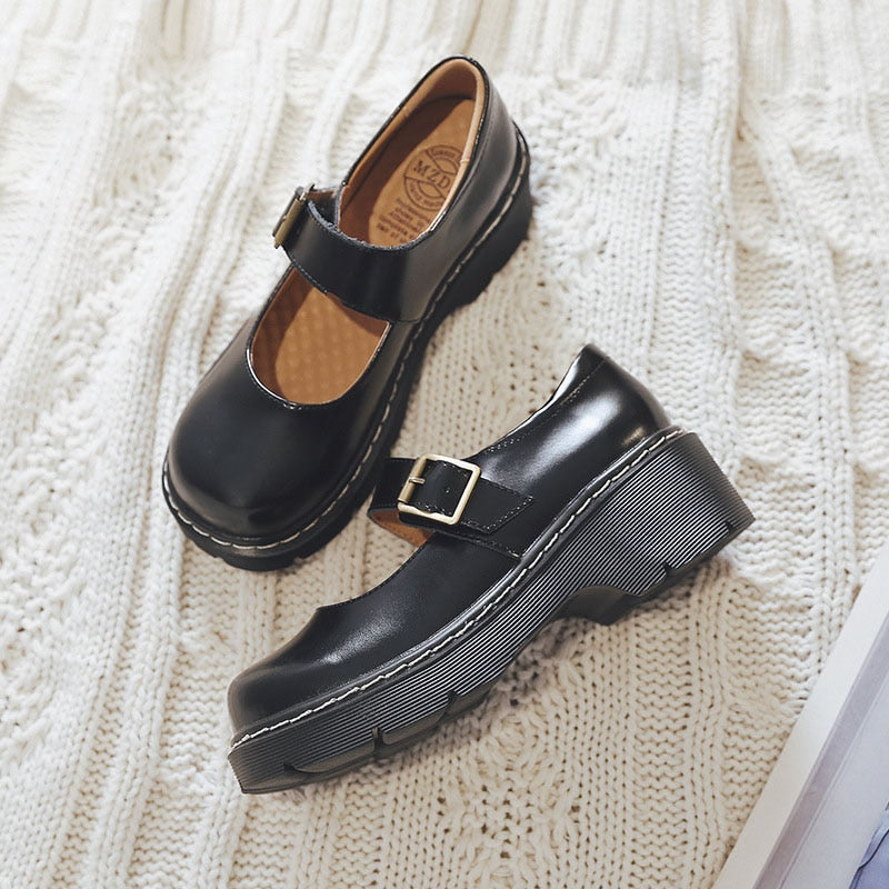 Rarove New Arrival Japanese Style Vintage Buckle Mary Janes Shoes Women's Shallow Mouth Casual Student Leather Shoes Thick Bottom