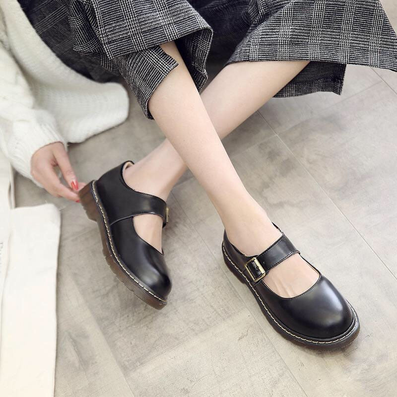 Rarove Women Round Toe Japanese Mary Janes Belt Buckle Shallow Shoes Thick Heels Ladies Casual Office Flats Spring Autumn