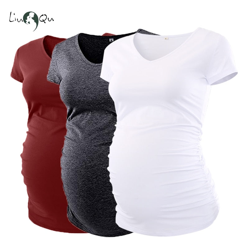 Maternity Clothes Pregnant Top V neck Side Ruched Maternity T Shirts Womens Clothing Pregnancy Tee Shirt Ropa Mujer S-XL