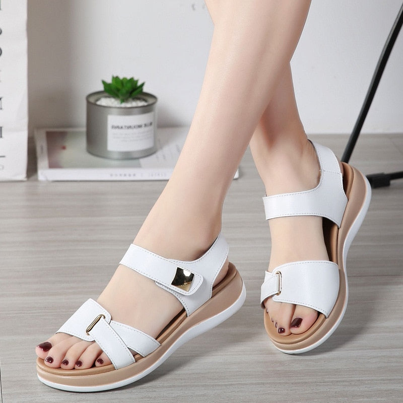 Rarove Women Female Ladies Mother Genuine Leather Shoes Sandals Flats Soft Hook Loop Korean Bling Summer Beach Size 35-40
