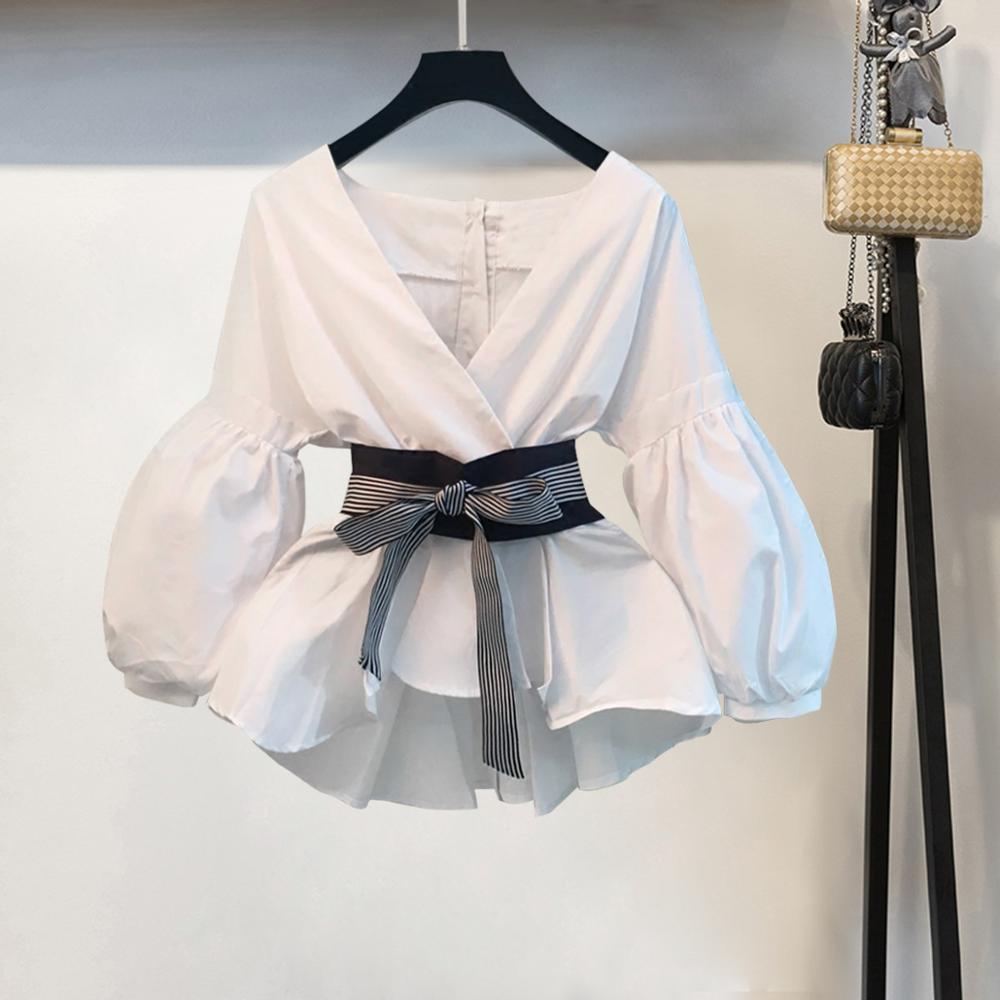 Lantern Sleeve Blouse Shirt Women 2022 Fashion Korean Style Summer Bow V-neck Striped Shirt Elegant Ladies Tops Female Clothing
