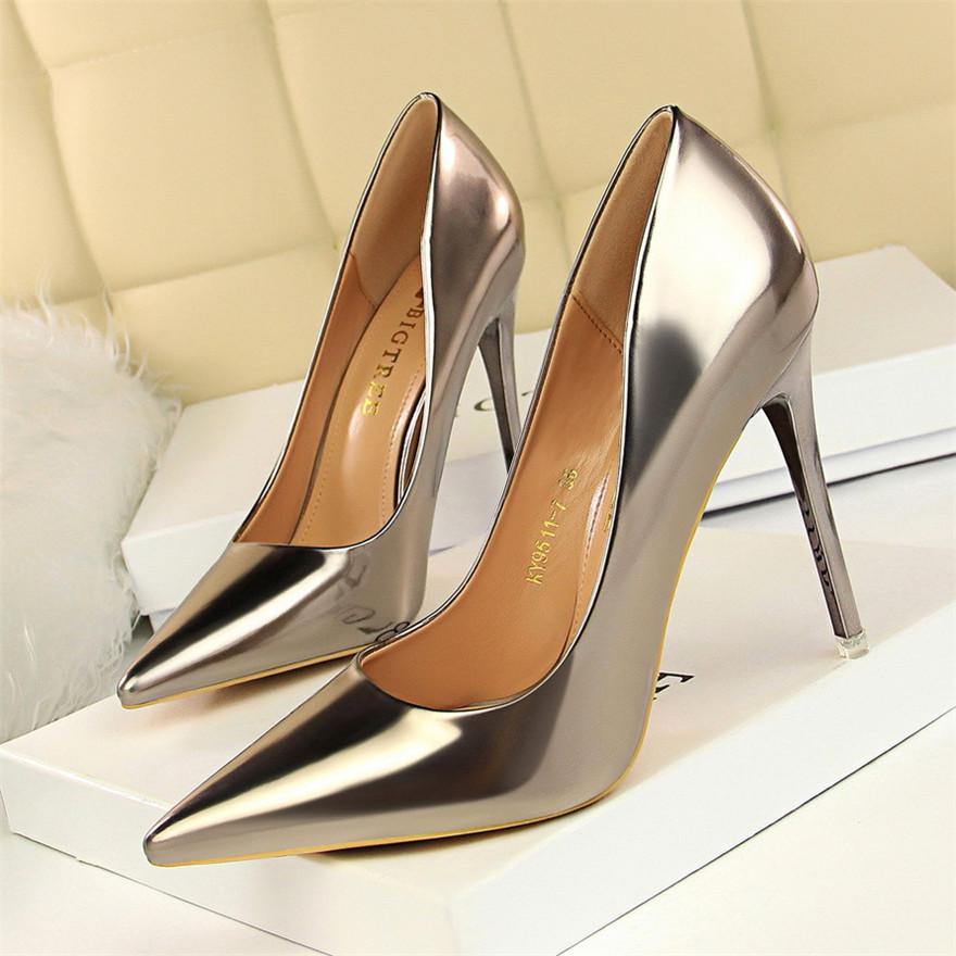 Rarove Patent Leather Thin Heels Office Shoes  Women Shallow Pumps Fashion High Heels Shoes Women Pointed Toe Sexy Shoes