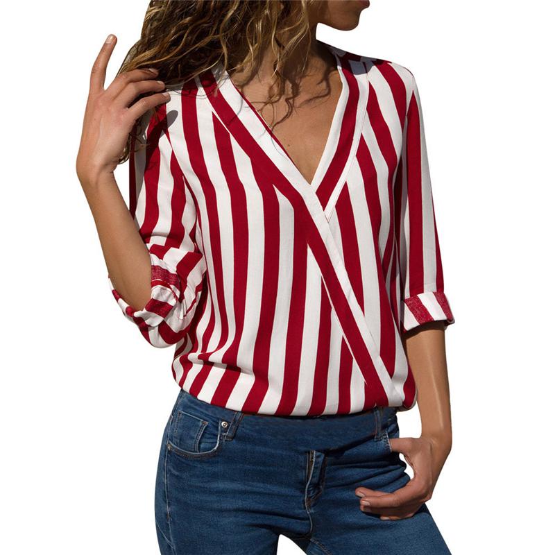 Rarove Women Striped Blouse V-neck Long Sleeve Blouses Shirts Casual Tops Work Wear Chiffon Shirt Plus Size Blusas Mujer De Moda 2020
