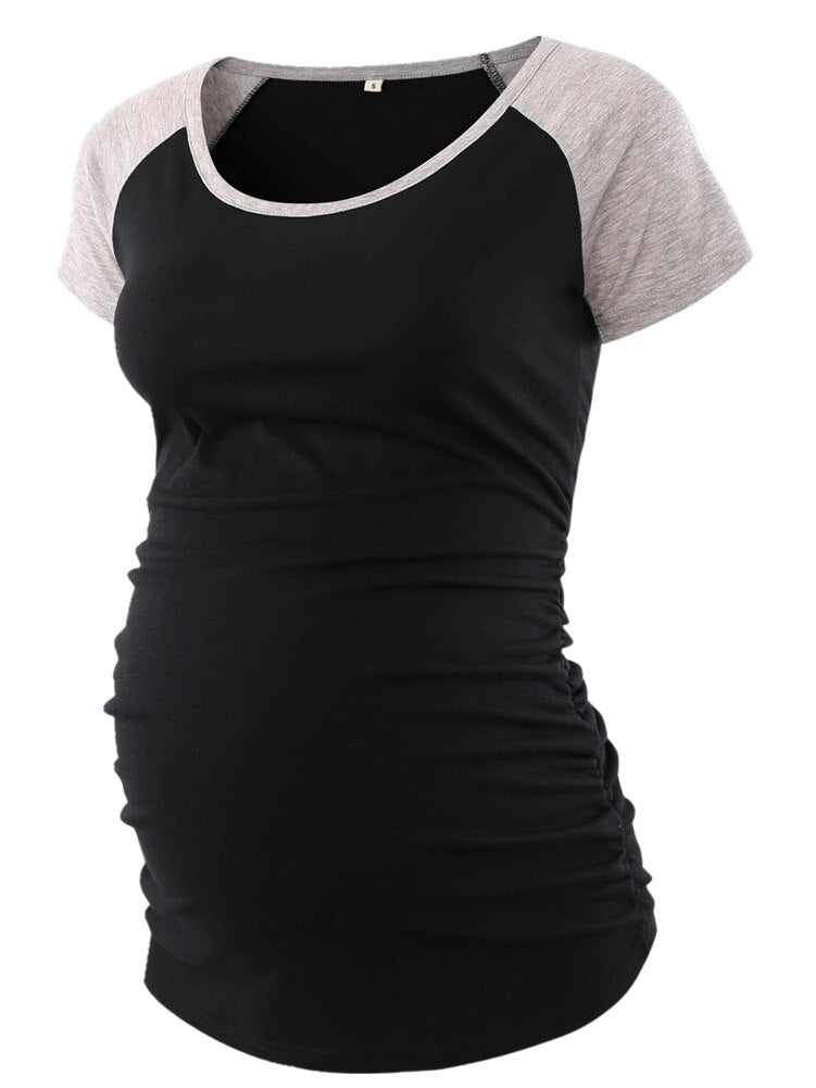 Women's Baseball Crew Neck Raglan Sleeve Side Ruched  Maternity T Shirts Soft Slim Tops Pregnancy Shirt Clothes Ropa S-XL