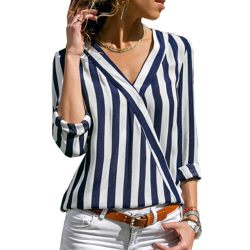 Rarove Women Striped Blouse V-neck Long Sleeve Blouses Shirts Casual Tops Work Wear Chiffon Shirt Plus Size Blusas Mujer De Moda 2020