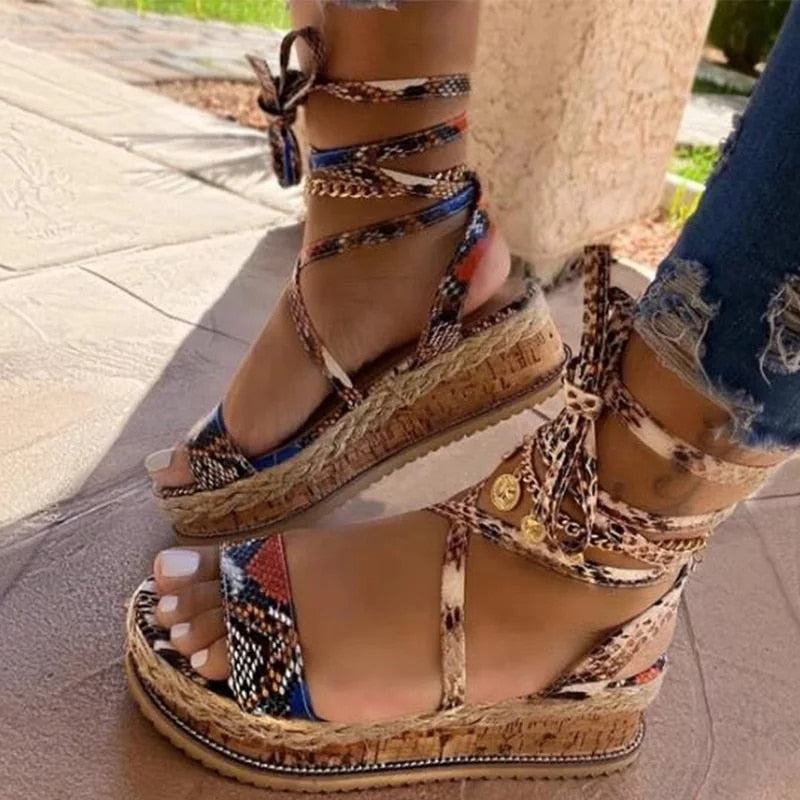 Rarove Women Wedge Sandals Summer Snake Shoes Ethnic Print Fashion Casual Shoes Lace Up Shoes Woman Beach Plus Size Shoes Sandals