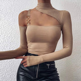 Sexy Off Shoulder Cut Off Patchwork Spring Shirts 2022 Women Hollow Out O Neck Elegant Blouse Autumn Long Sleeve Rib Tops Blusas
