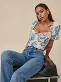 Rarove Vintage Ivory Blue Flower Print Shirt Retro Elastic Ruched Back Square Collar Short Sleeve Short Blouse Tank Top Tops