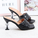 2022 Summer Women 8cm High Heels Slides Open Toe Mules Blue Crystal Strange Low Heels Slippers Designer Platform Outside Shoes