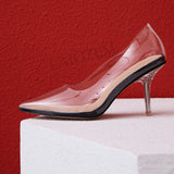 LAIGZEM Trendy Clear Glass Heels Pumps Transparent 8CM Heels PVC Sandals Shoes Woman Celebrity Prom Party Big Size 34 41 42 43