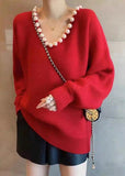 Rarove-Handmade Red V Neck Nail Bead Thick Knit Sweaters Fall