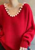 Rarove-Handmade Red V Neck Nail Bead Thick Knit Sweaters Fall