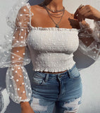Rarove Women Mesh Sheer Blouse Chiffon See-through Long Sleeve Top Shirt Blouse Fashion Organza Transparent White Shirt Female Blusas