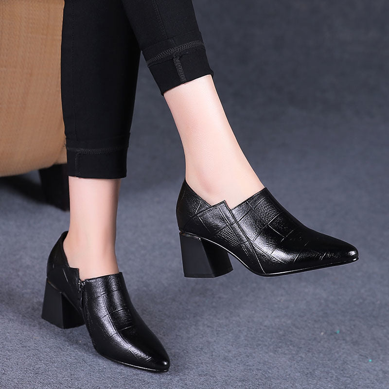 Graduation Prom FHANCHU 2022 New Women Pumps,Square High Heels,Soft PU Leather Work Shoes For Office Lady,Pointed Toe,Side Zip,Black,Dropship