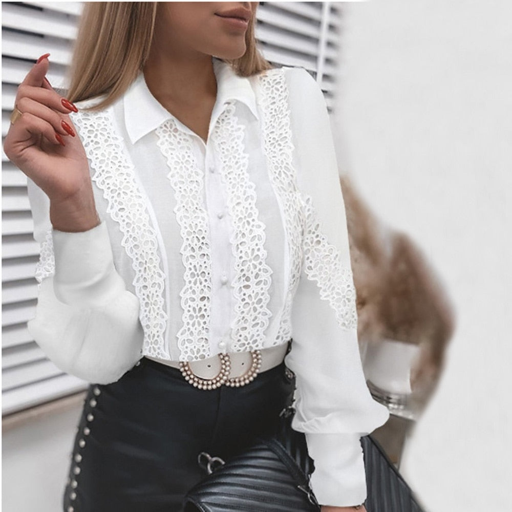 Women Sexy Lace Patchwork Hollow Out T-Shirt Long Sleeve Crew Neck Button Mesh Design Tops Spring Fashion White Vintage T Shirts