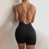 Solid Women Strap Playsuit V Neck Backless Bodycon Skinny Sporty Casual Sexy Streetwear 2022 Summer Clothes Combishort