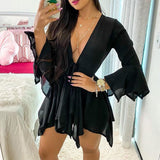 Rarove Back to School Fashion Women Sexy Casual Two-Piece Set Suit Sets Solid Deep V Long Sleeeve Tied Top & Shorts Set