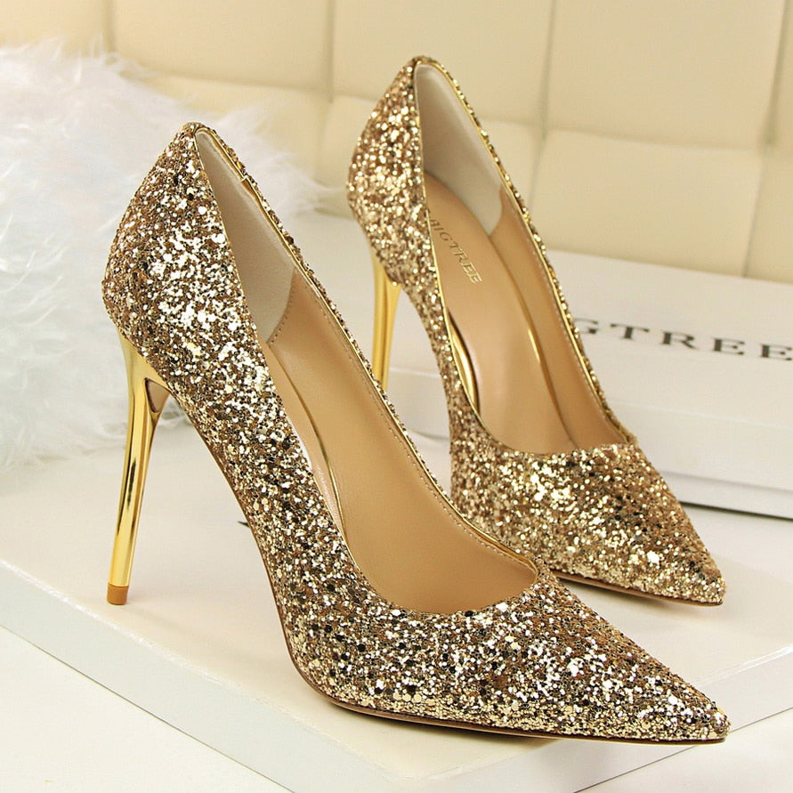 Rarove 2022 Women 7Cm 9.5Cm High Heels Sequins Glitter Pumps Plus Size 43 Wedding Bride Gold White Red Silver Valentine Scarpins Shoes