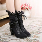 RAROVE Halloween Brand New Big Size 43 Sweet Bowknot Ruffles Med Heels Shoelace Gothic Lolita Style Mid Calf Boots Women Shoes