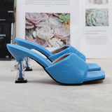 2022 Summer Women 8cm High Heels Slides Open Toe Mules Blue Crystal Strange Low Heels Slippers Designer Platform Outside Shoes