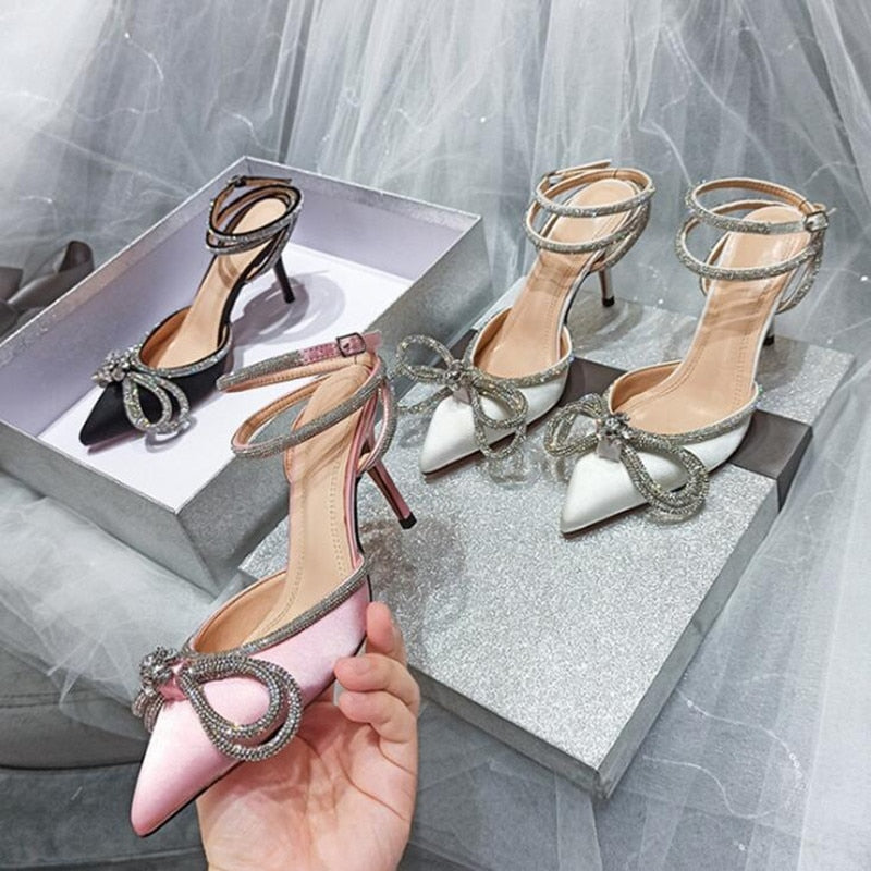 Glitter Rhinestones Silk Women Pumps Crystal bowknot Satin Spring Autumn Lady Shoes High heels Party Prom Shoes