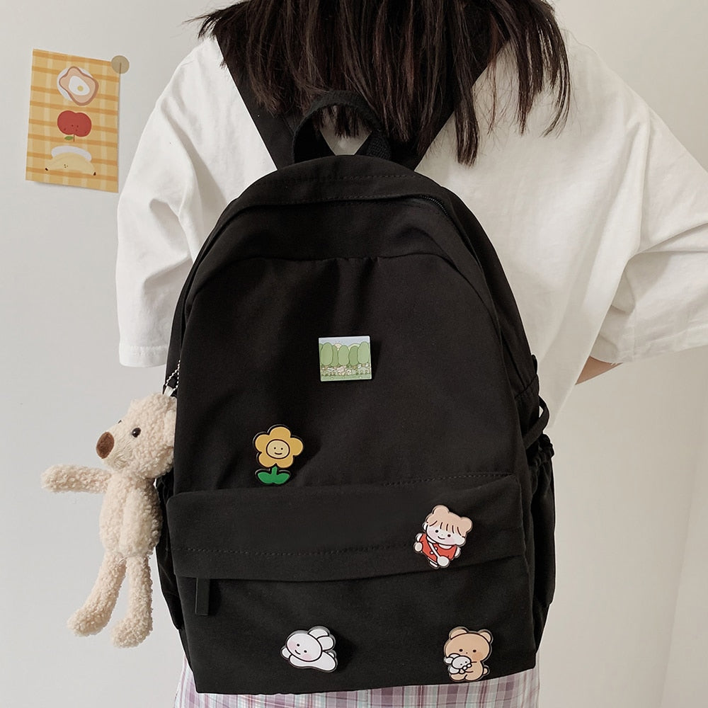 Rarove Back to school supplies Women Nylon Cute Backpack Bear Female Student College School Bag Badge Girl Doll Backpack Kawaii Book Ladies Fashion Bags Trendy