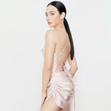 Rarove Satin Women Strap Mini Dress Ruched Lace Up Cross Bandage Backless Bodycon Sexy Party Elegant 2022 Club Christmas Slim