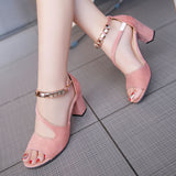 Spring summer sexy fish mouth hollow Roman sandals thick with word with beaded high heels female summer Sexy female sandals