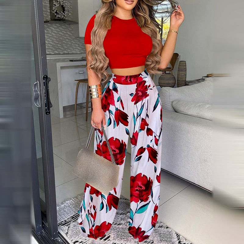 Rarove Back to School Fashion Two Piece Set Casual Wear Suits Set Two Piece Outfit Print Sleeveless Crop Top & High Waist Pants Set